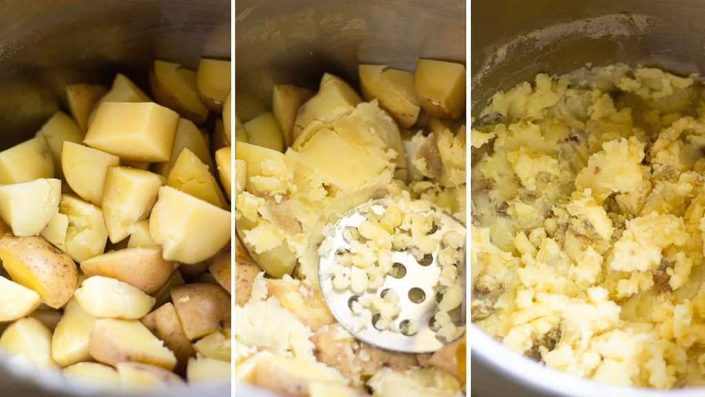 3 photos side by side - one of the quartered potatoes in a pot, the second is the potatoes being mashed and the 3rd would be the potatoes that are mashed