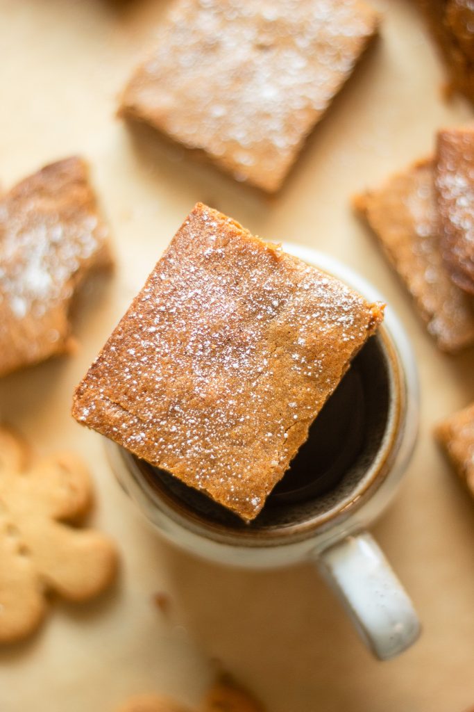 sliced blondie sitting atop a cup of coffee