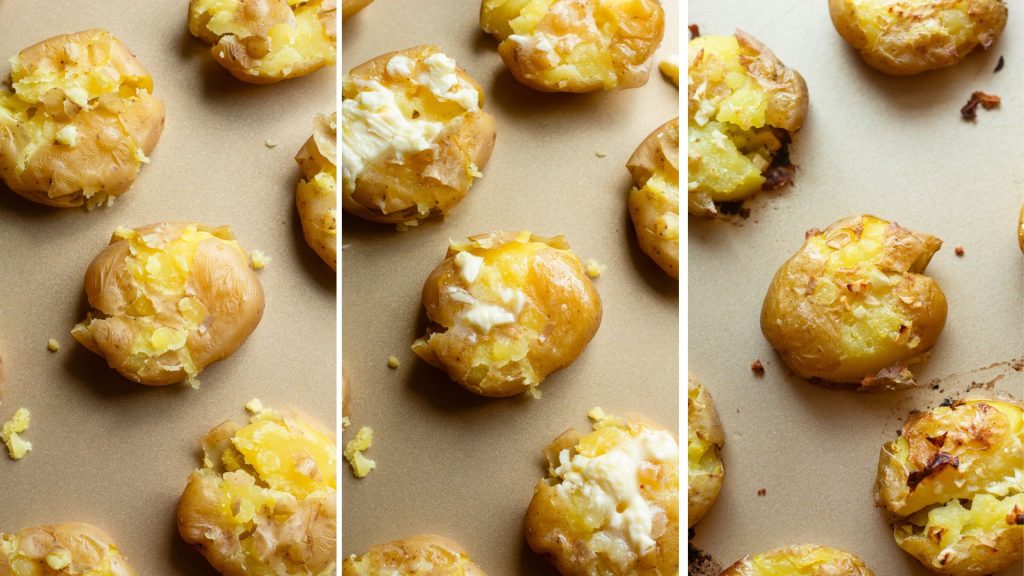 3 shots side by side, smashed potato, smashed potato with butter mixture and baked smashed potato